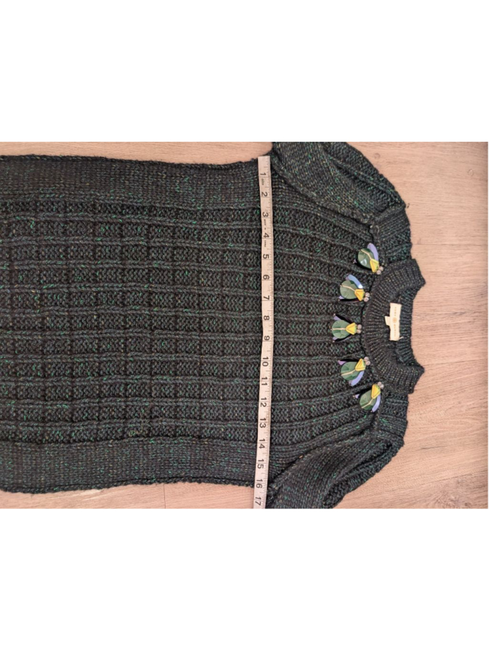 Tory Burch Lucy Metallic Green Beatle Embellish Sweater Size S Wool Cotton Blend - Picture 10 of 11